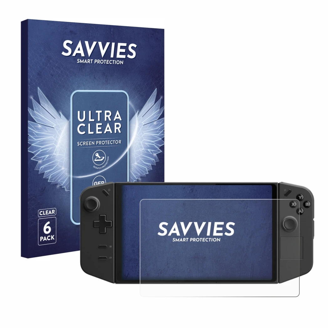 Front side of a product packaging with the brand logo Savvies. Next to it is the device Lenovo Legion Go shown with the corres