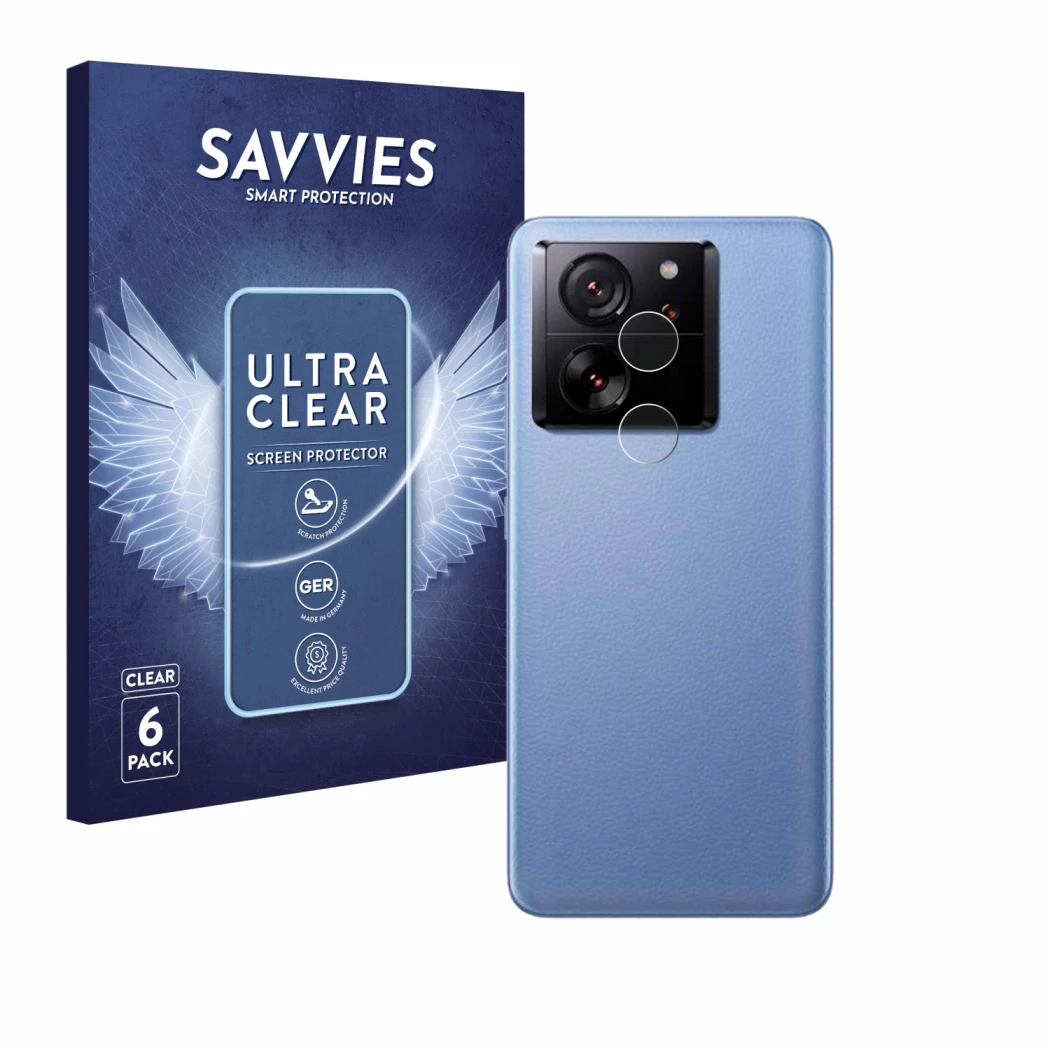 Front side of a product packaging with the brand logo Savvies. Next to it is the device Xiaomi 13T (ONLY Camera Lens) shown wi
