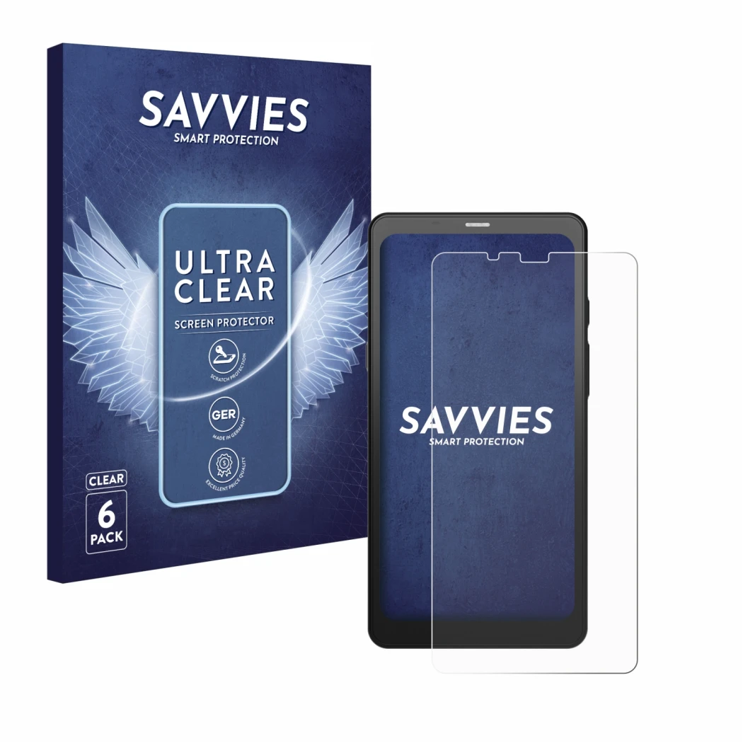 Front side of a product packaging with the brand logo Savvies. Next to it is the device Boox Palma shown with the correspondin
