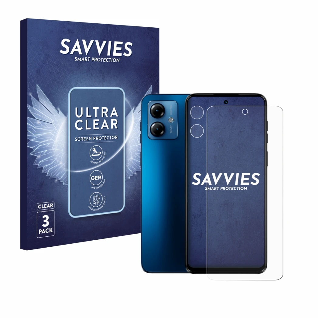Front side of a product packaging with the brand logo Savvies. Next to it is the device Motorola Moto G14 (Front+Camera) shown