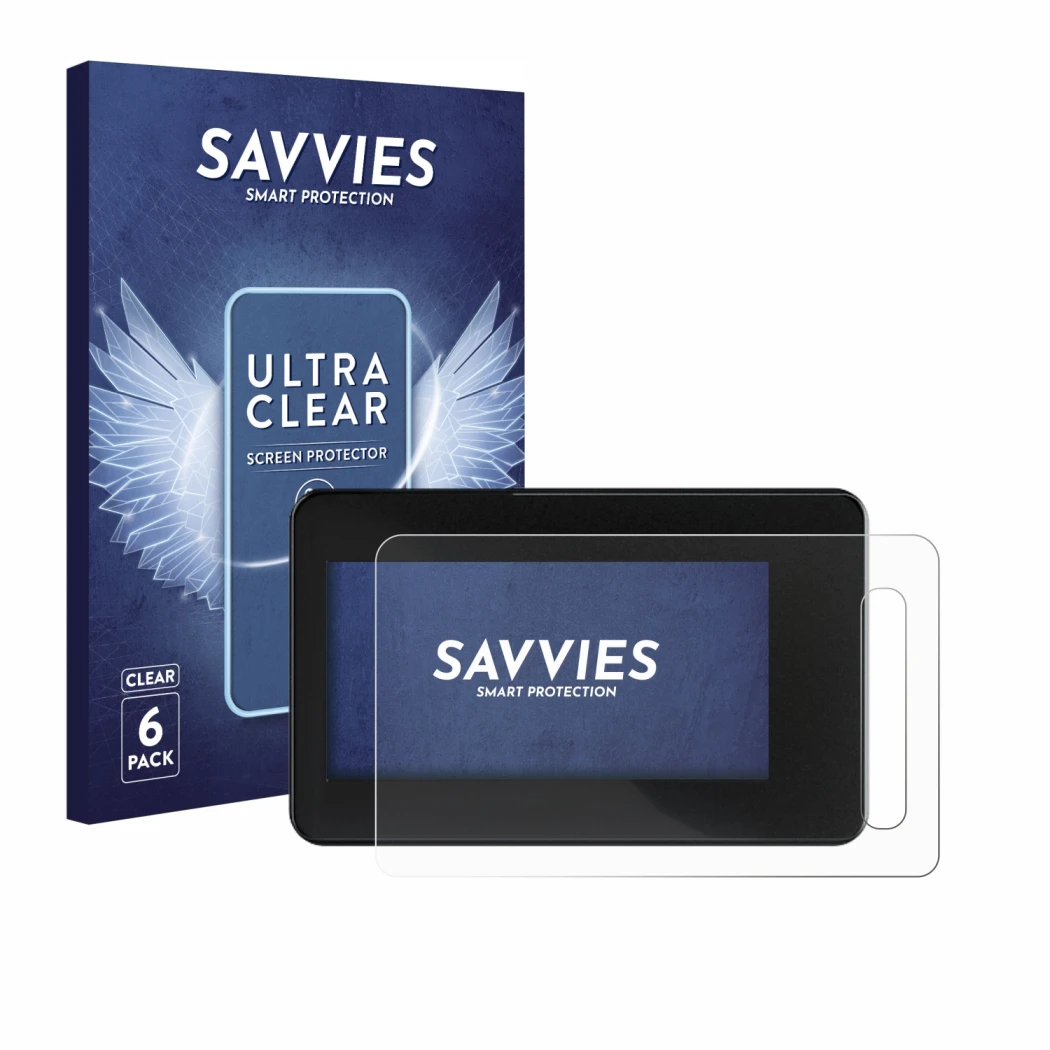 Front side of a product packaging with the brand logo Savvies. Next to it is the device Shimano Steps SC-EN600 shown with the 