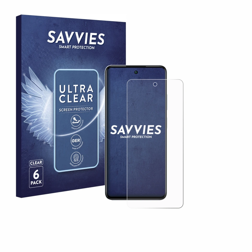Front side of a product packaging with the brand logo Savvies. Next to it is the device Infinix Smart 8 shown with the corresp