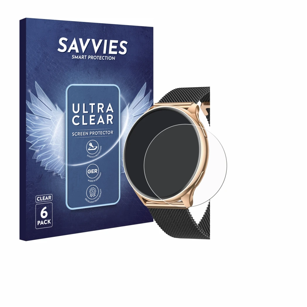 Front side of a product packaging with the brand logo Savvies. Next to it is the device Banlvs G35 1.32