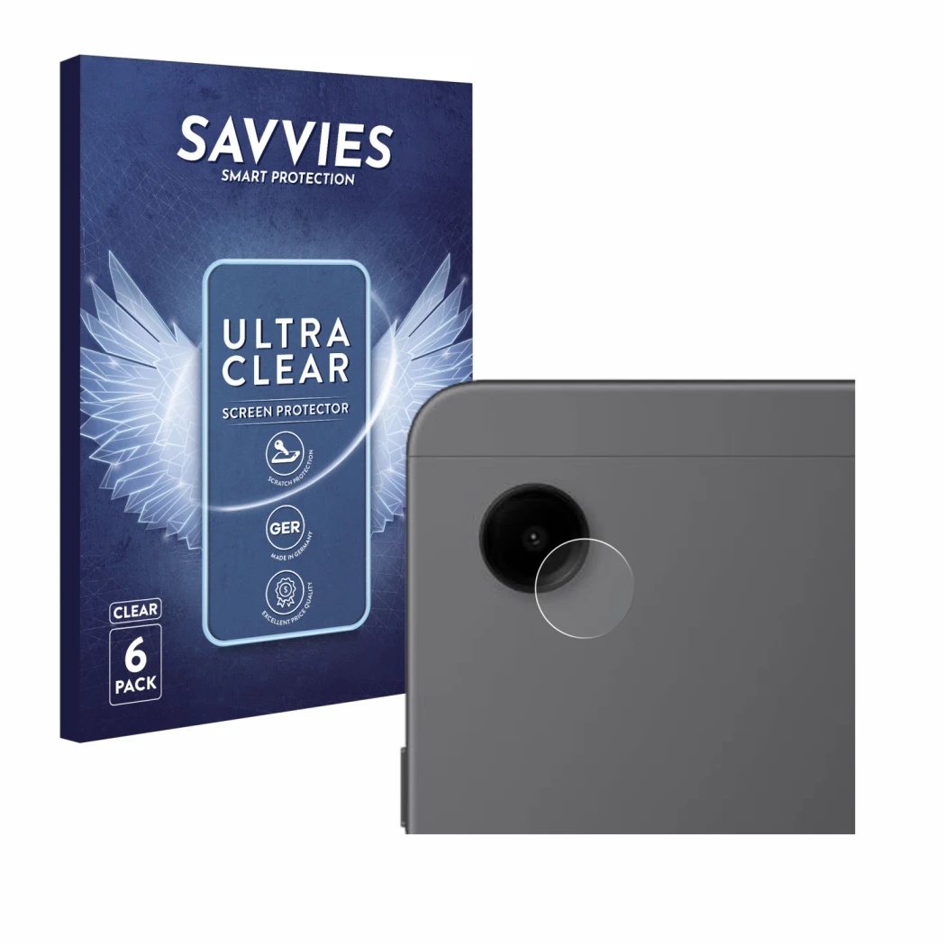 Front side of a product packaging with the brand logo Savvies. Next to it is the device Samsung Galaxy Tab A9 WiFi (ONLY Camer