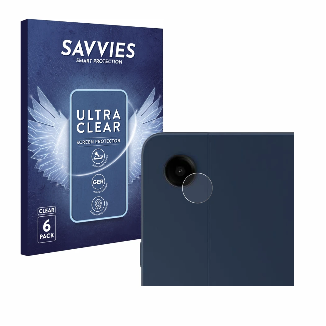 Front side of a product packaging with the brand logo Savvies. Next to it is the device Samsung Galaxy Tab A9 Plus 5G (ONLY Ca