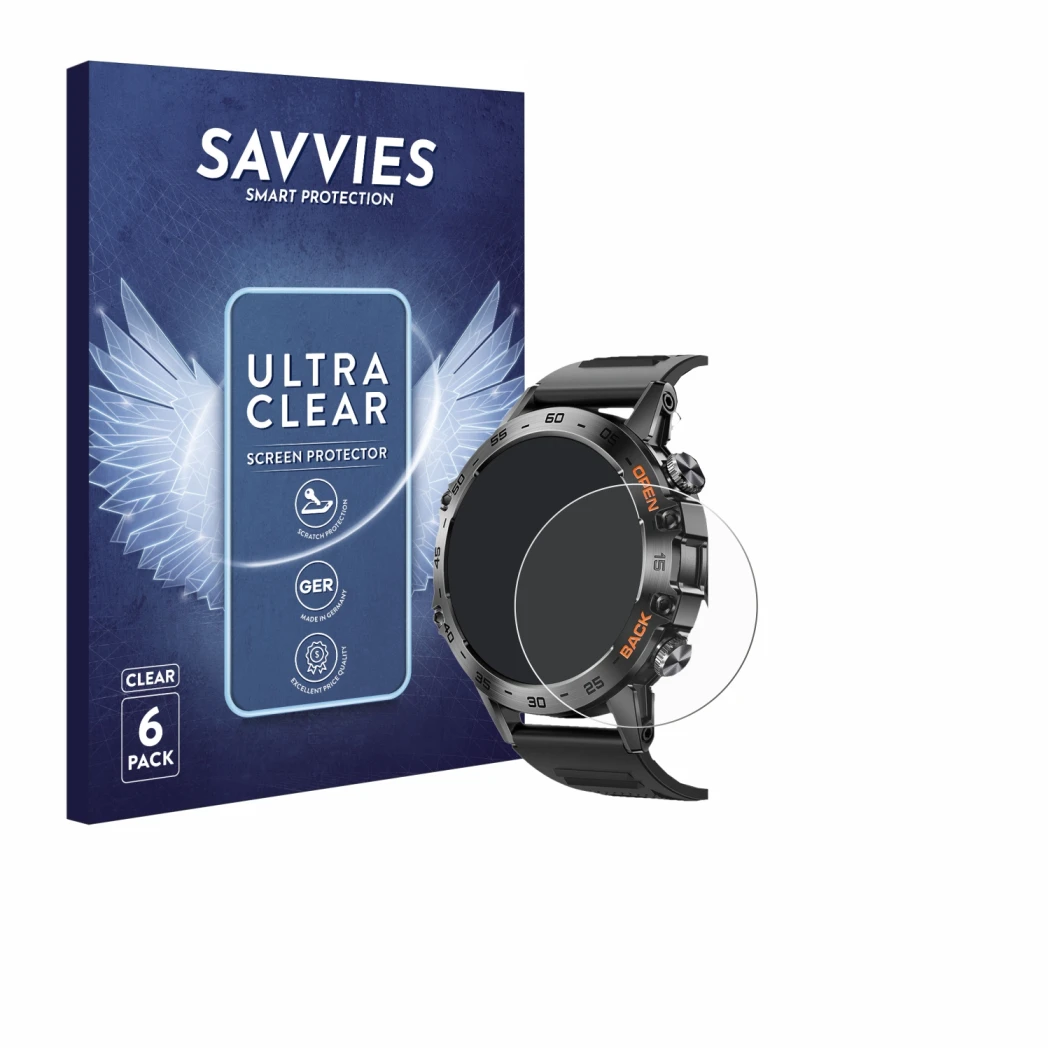 Front side of a product packaging with the brand logo Savvies. Next to it is the device Lemfo Smartwatch 1.39