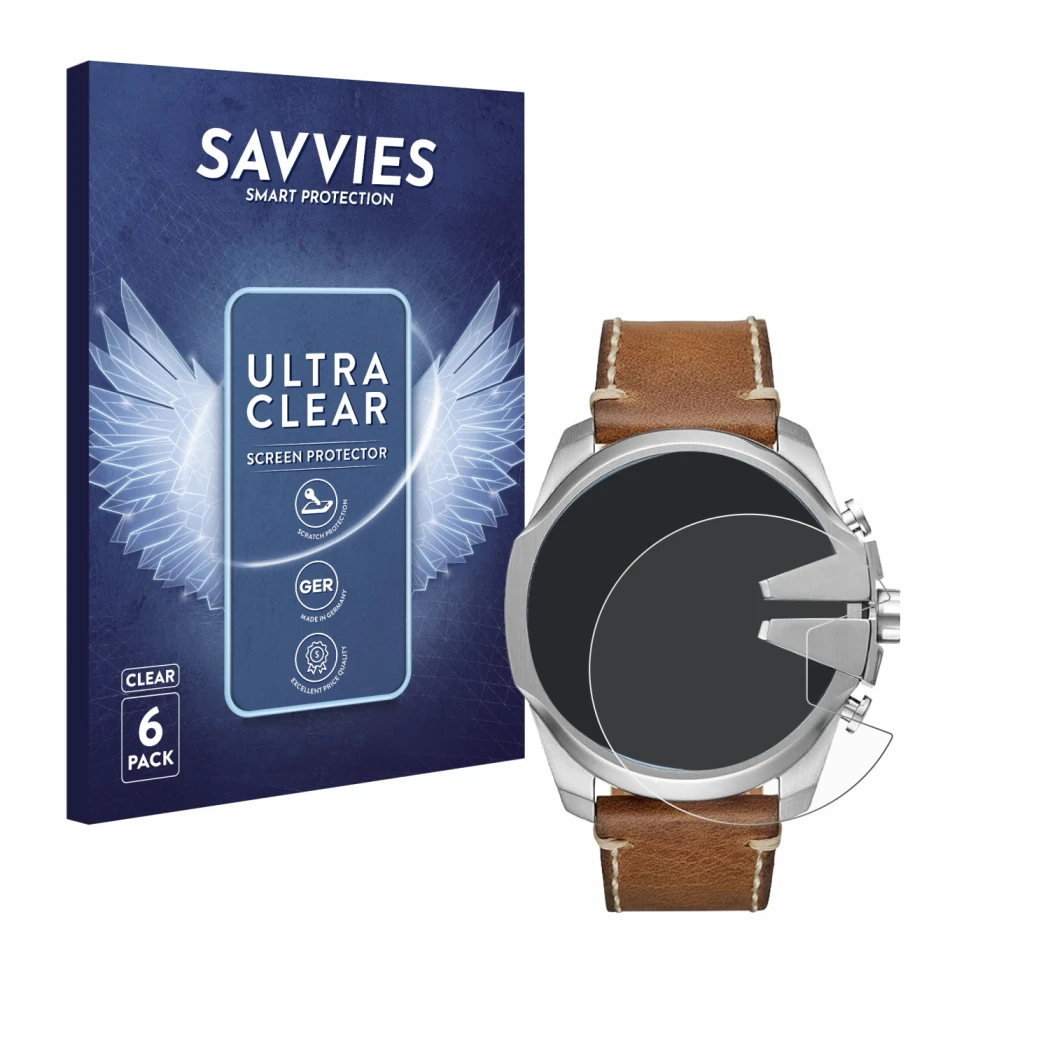 Front side of a product packaging with the brand logo Savvies. Next to it is the device Diesel Mega Chief shown with the corre