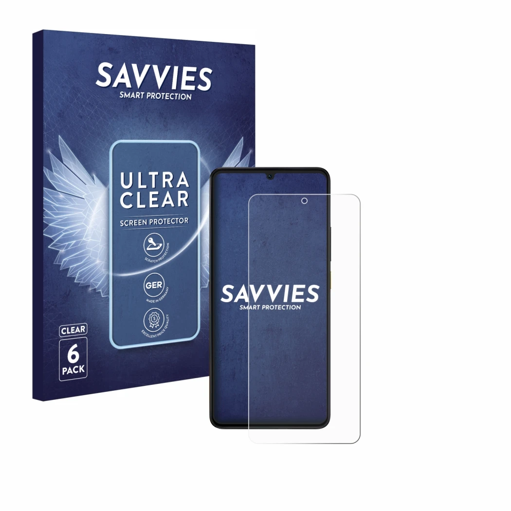 Front side of a product packaging with the brand logo Savvies. Next to it is the device Xiaomi Poco X6 Pro shown with the corr