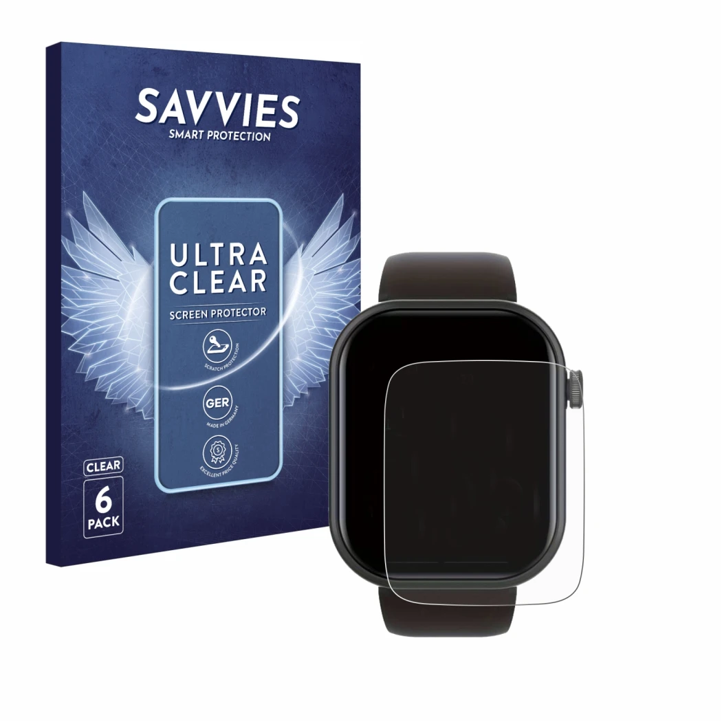 Front side of a product packaging with the brand logo Savvies. Next to it is the device Smartwatch IDW15 1.8