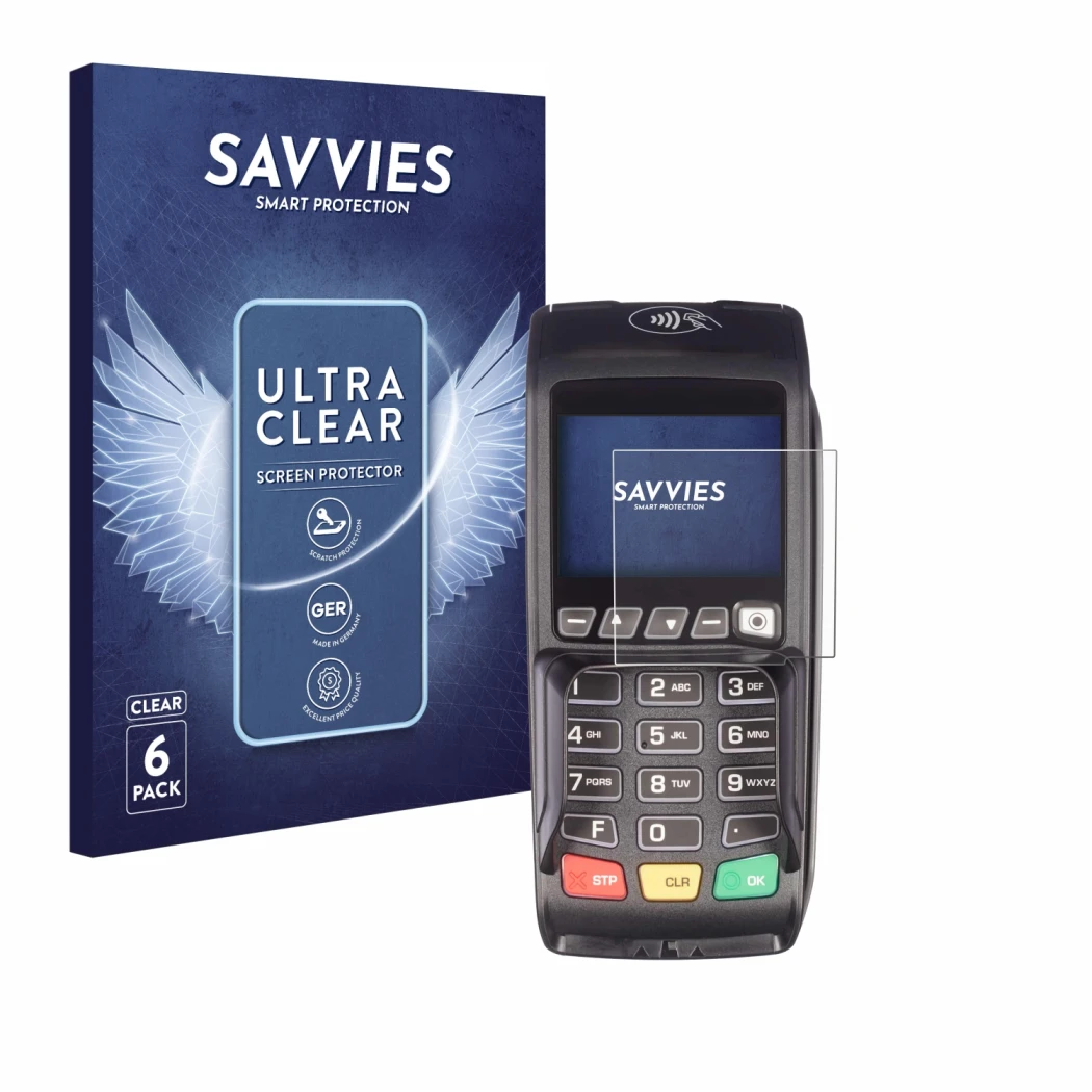 Front side of a product packaging with the brand logo Savvies. Next to it is the device ingenico Desk/3500 shown with the corr