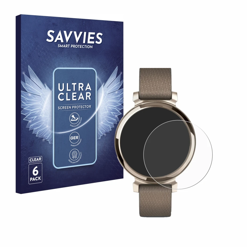 Front side of a product packaging with the brand logo Savvies. Next to it is the device Garmin Lily 2 shown with the correspon