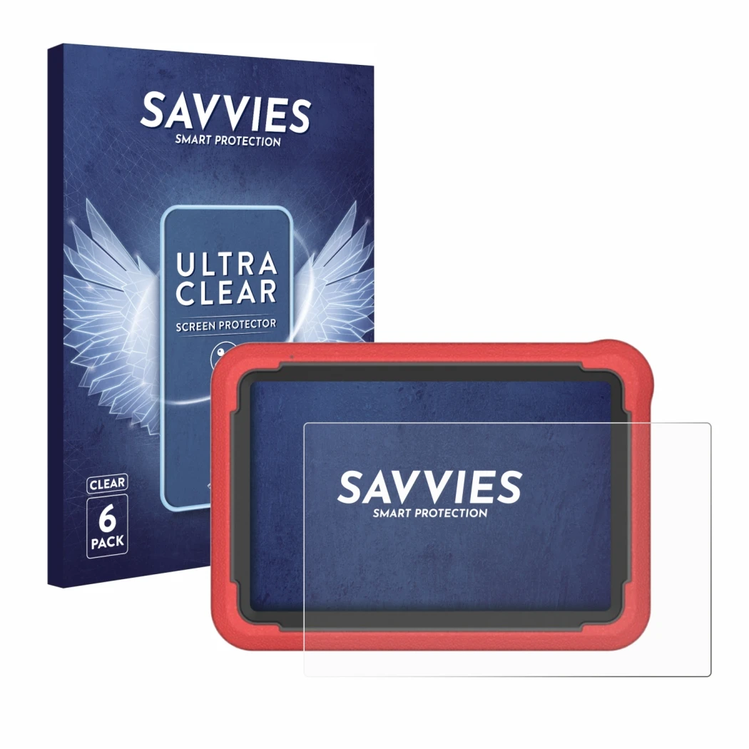 Front side of a product packaging with the brand logo Savvies. Next to it is the device Launch X-431 ProV5 2023 (10,1