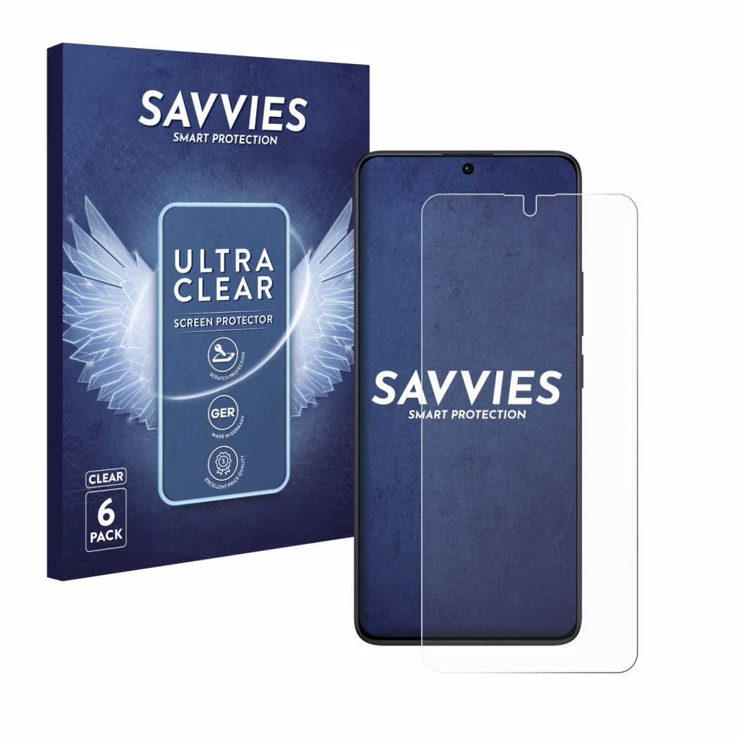 Front side of a product packaging with the brand logo Savvies. Next to it is the device Xiaomi Redmi Note 13 Pro 5G shown with