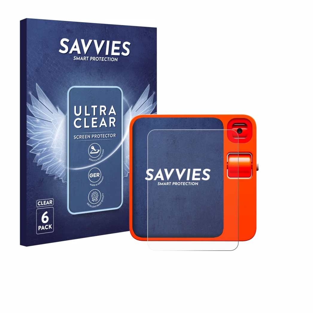 Front side of a product packaging with the brand logo Savvies. Next to it is the device rabbit r1 shown with the corresponding