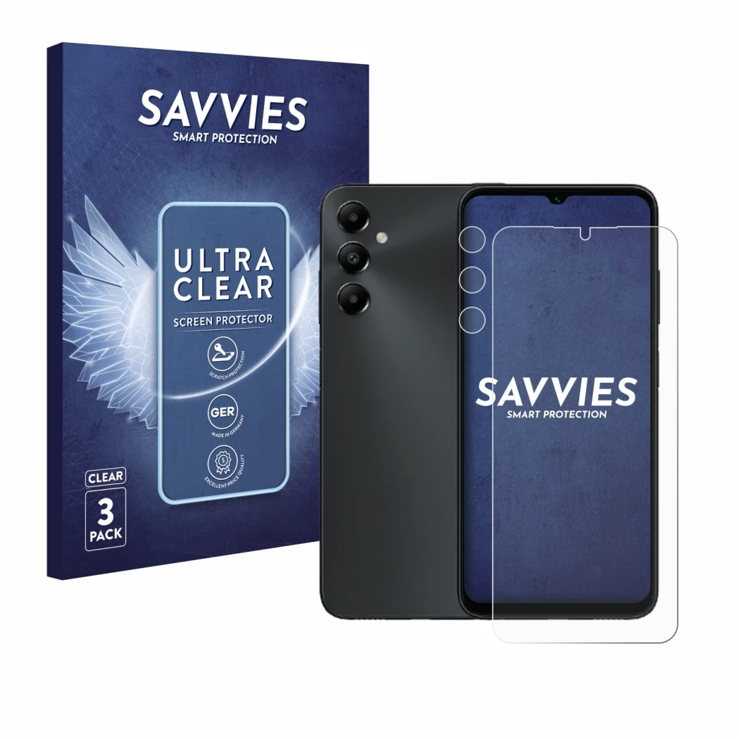 Front side of a product packaging with the brand logo Savvies. Next to it is the device Samsung Galaxy A05s (Front+Camera) sho