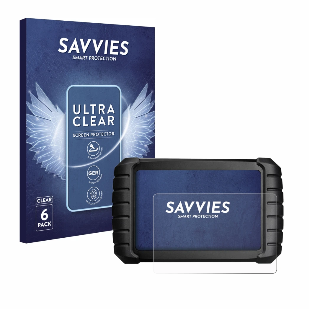 Front side of a product packaging with the brand logo Savvies. Next to it is the device iCarsoft CR Max BT (2024) shown with t