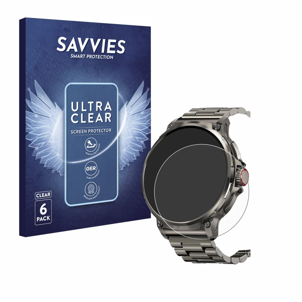 Front side of a product packaging with the brand logo Savvies. Next to it is the device Tesofit Smartwatch 1.85