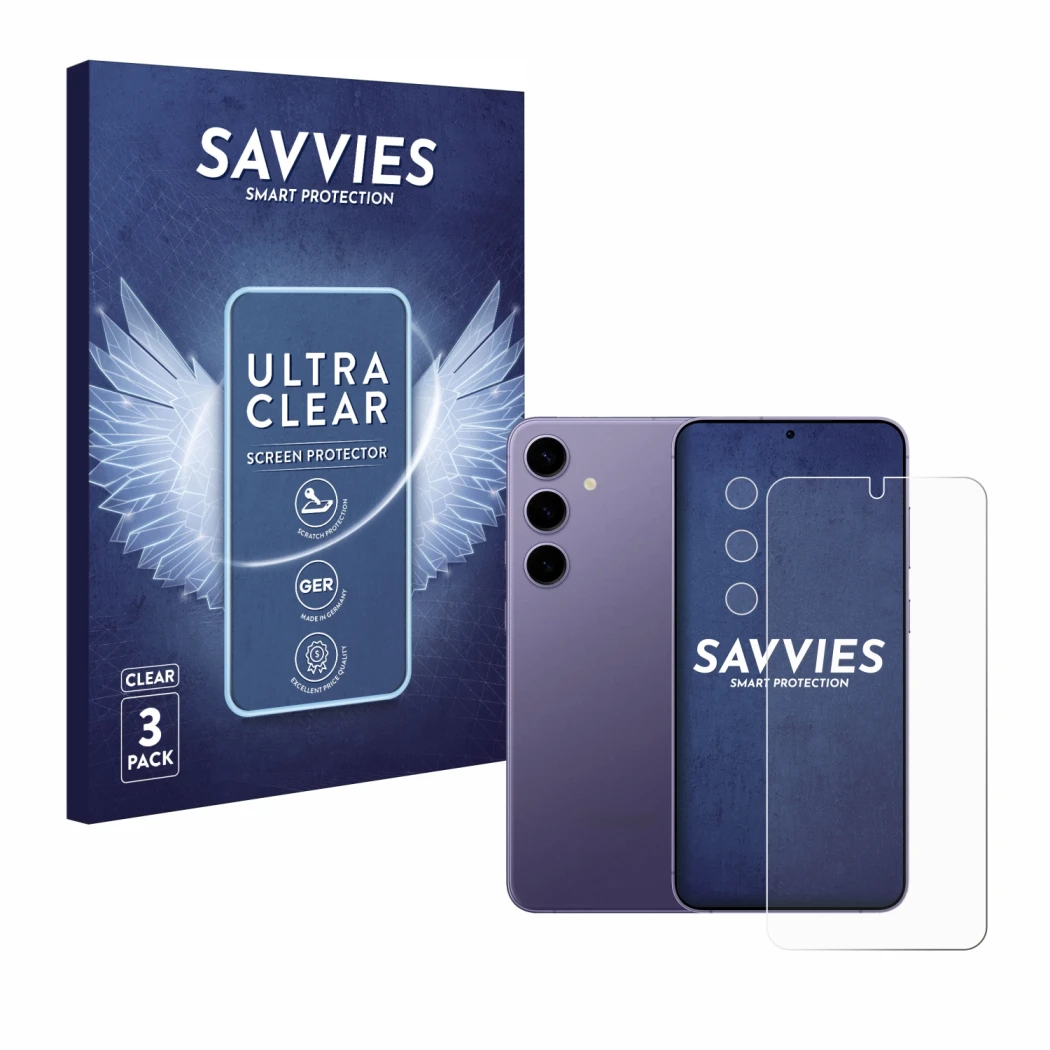 Front side of a product packaging with the brand logo Savvies. Next to it is the device Samsung Galaxy S24 (Front+Camera) show
