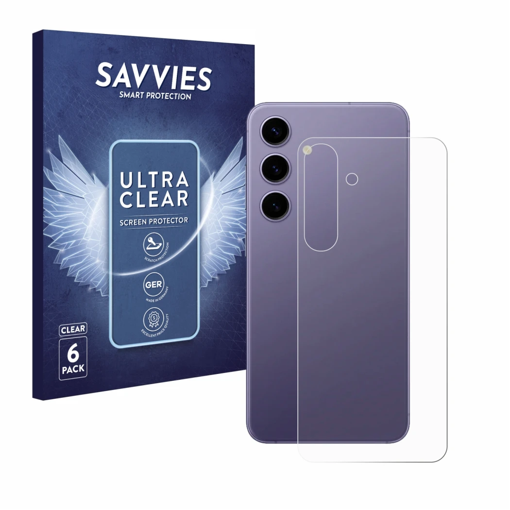 Front side of a product packaging with the brand logo Savvies. Next to it is the device Samsung Galaxy S24 (Back) shown with t