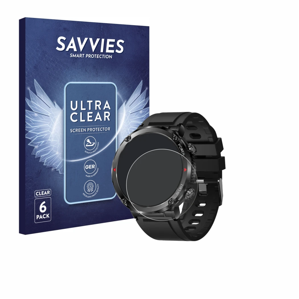 Front side of a product packaging with the brand logo Savvies. Next to it is the device LIGE Smartwatch 1.6