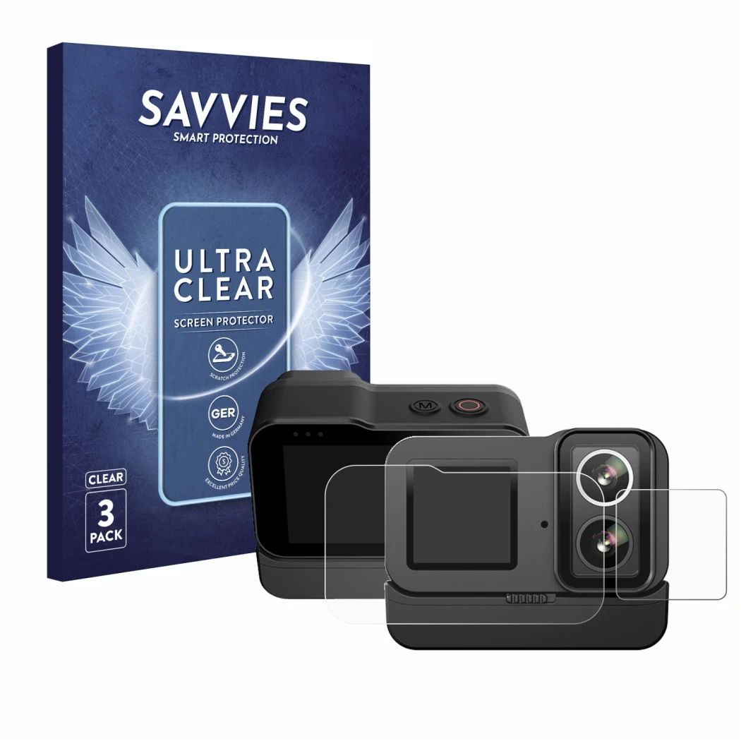 Front side of a product packaging with the brand logo Savvies. Next to it is the device SJCAM SJ20 Dual Lens shown with the co