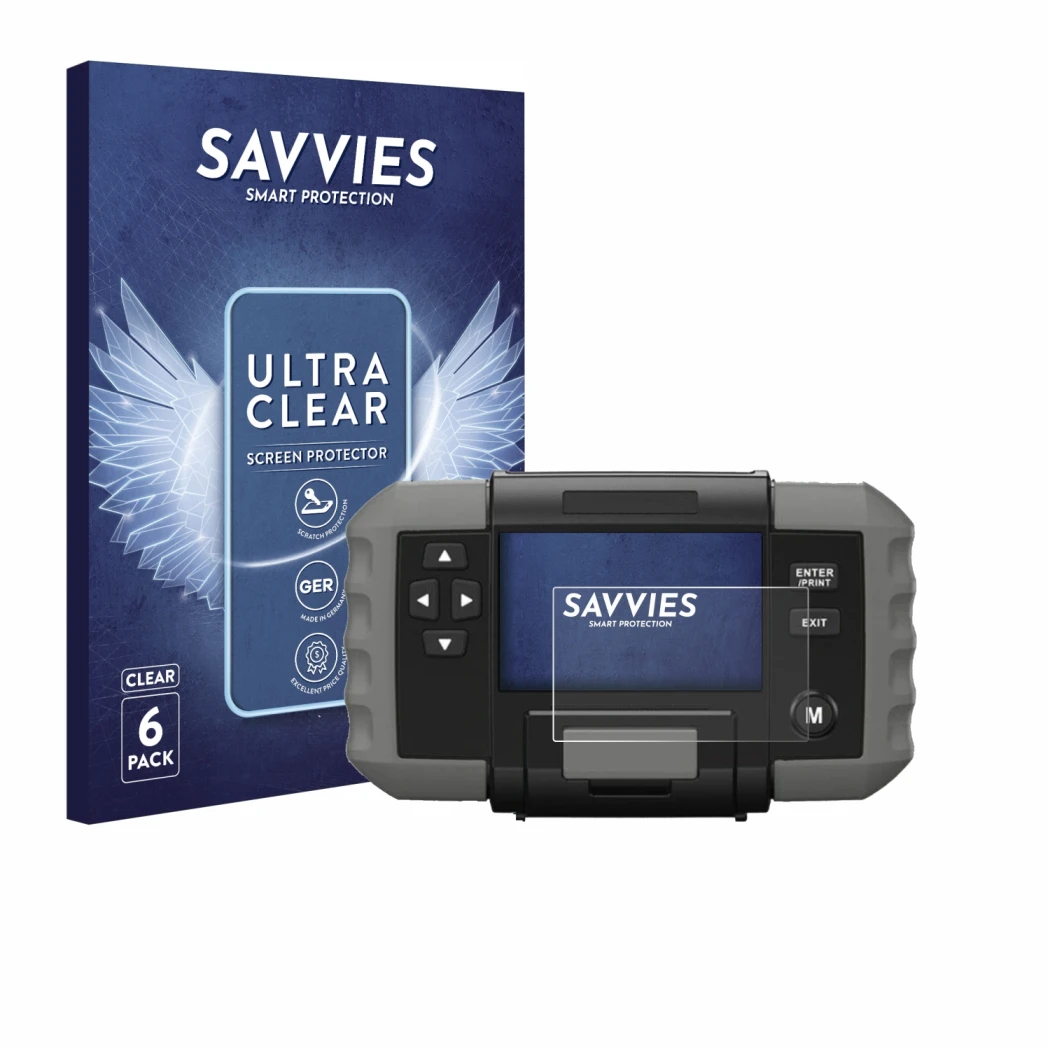 Front side of a product packaging with the brand logo Savvies. Next to it is the device Topdon BT 600 shown with the correspon