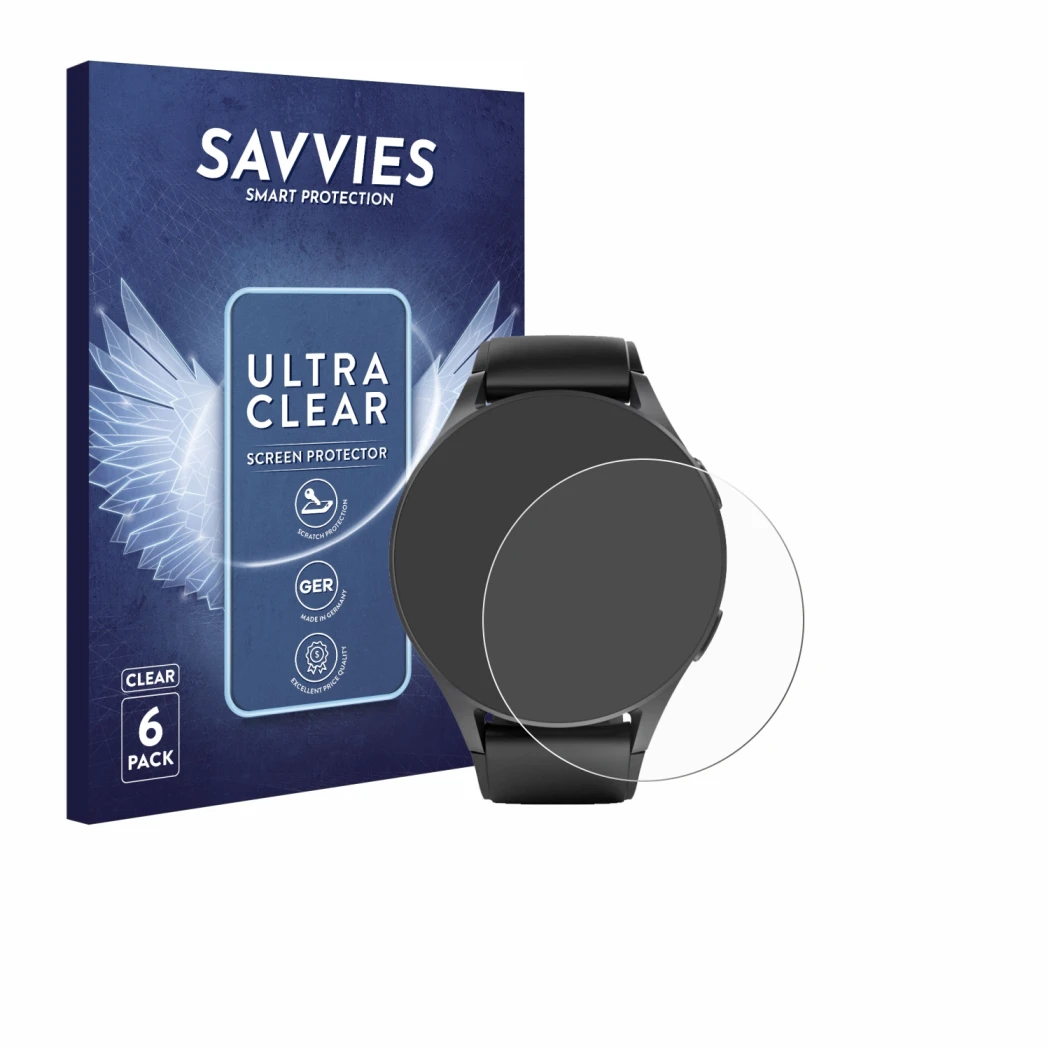 Front side of a product packaging with the brand logo Savvies. Next to it is the device Hama 8900 (42 mm) shown with the corre