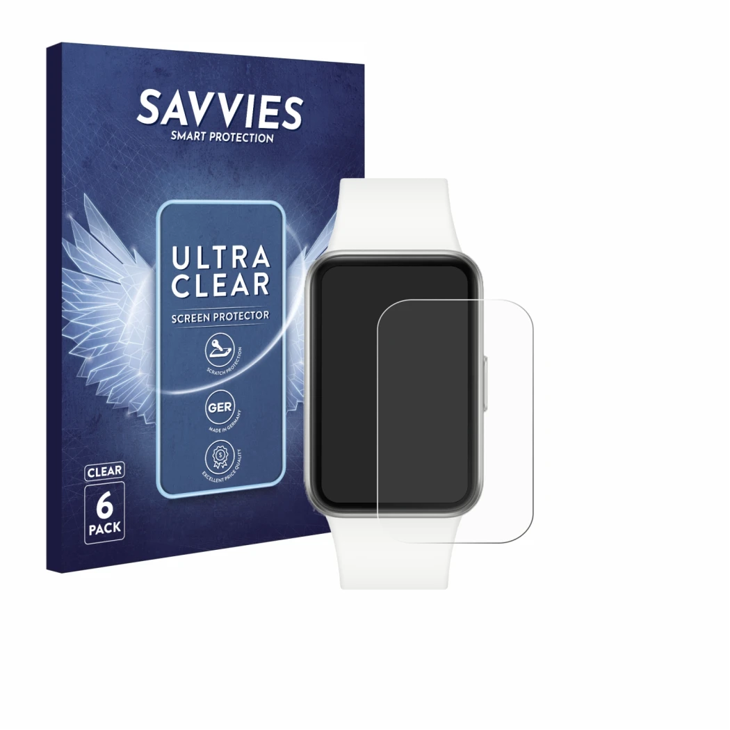 Front side of a product packaging with the brand logo Savvies. Next to it is the device Samsung Galaxy Fit3 shown with the cor