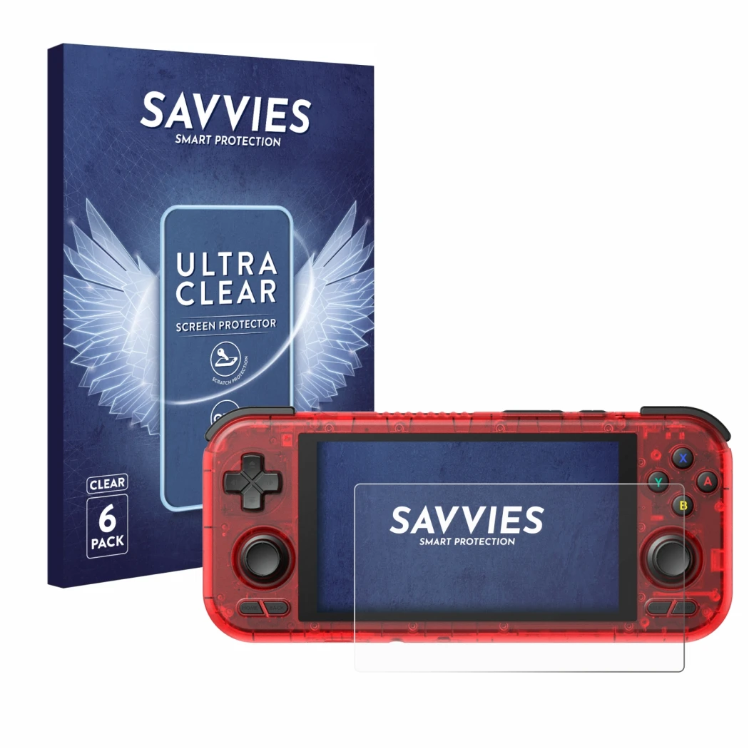 Front side of a product packaging with the brand logo Savvies. Next to it is the device Retroid Pocket 4 Pro shown with the co