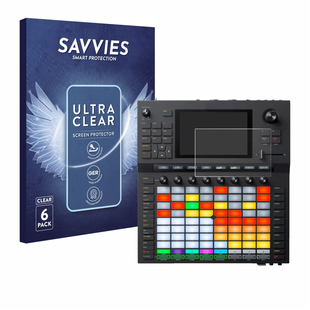 Front side of a product packaging with the brand logo Savvies. Next to it is the device Akai Force shown with the correspondin