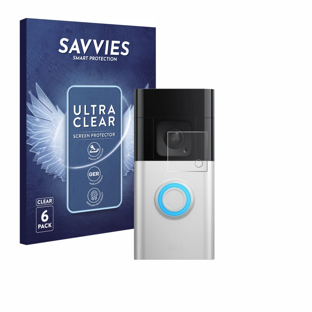 Front side of a product packaging with the brand logo Savvies. Next to it is the device Ring Video Doorbell Plus shown with th