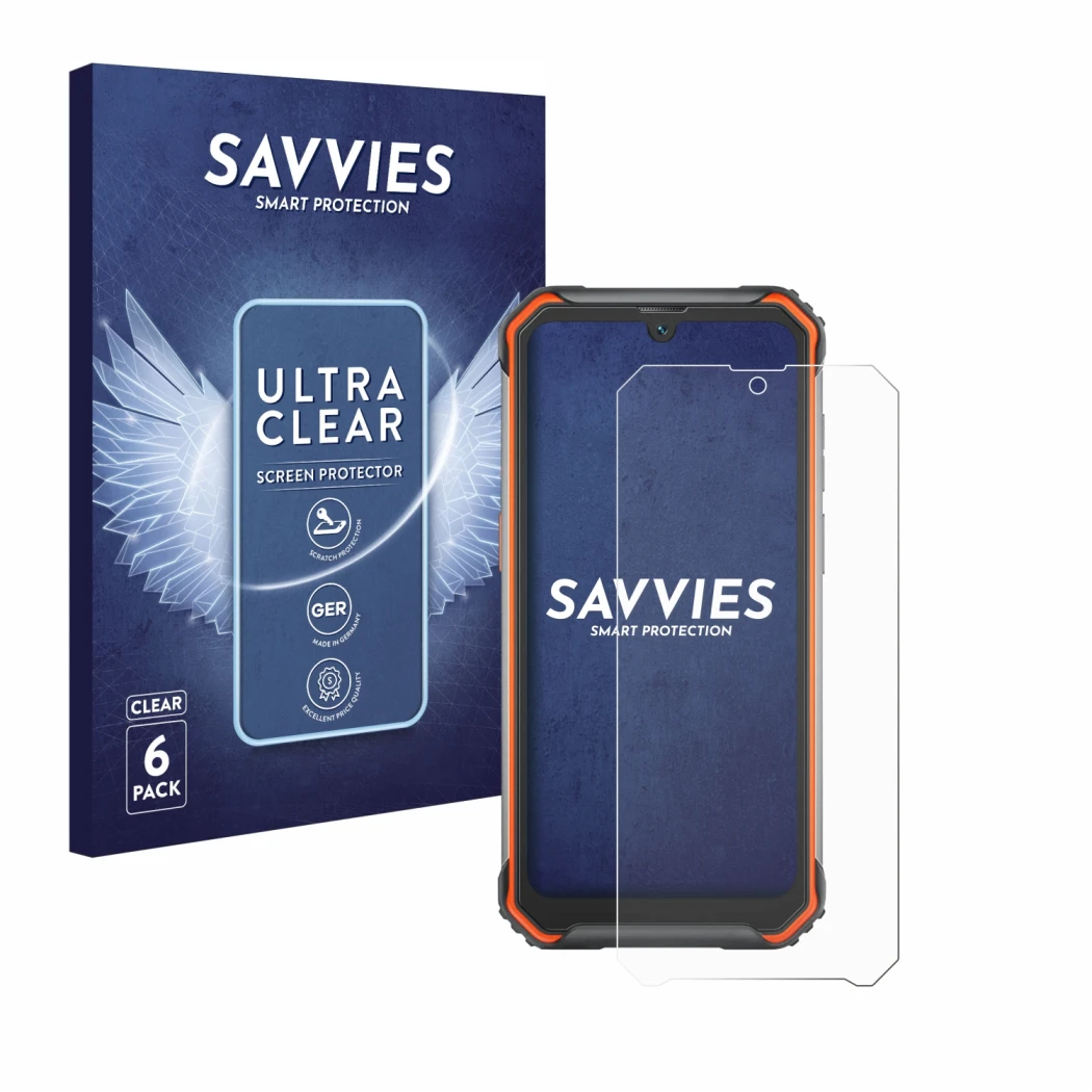 Front side of a product packaging with the brand logo Savvies. Next to it is the device Blackview BV7200 shown with the corres