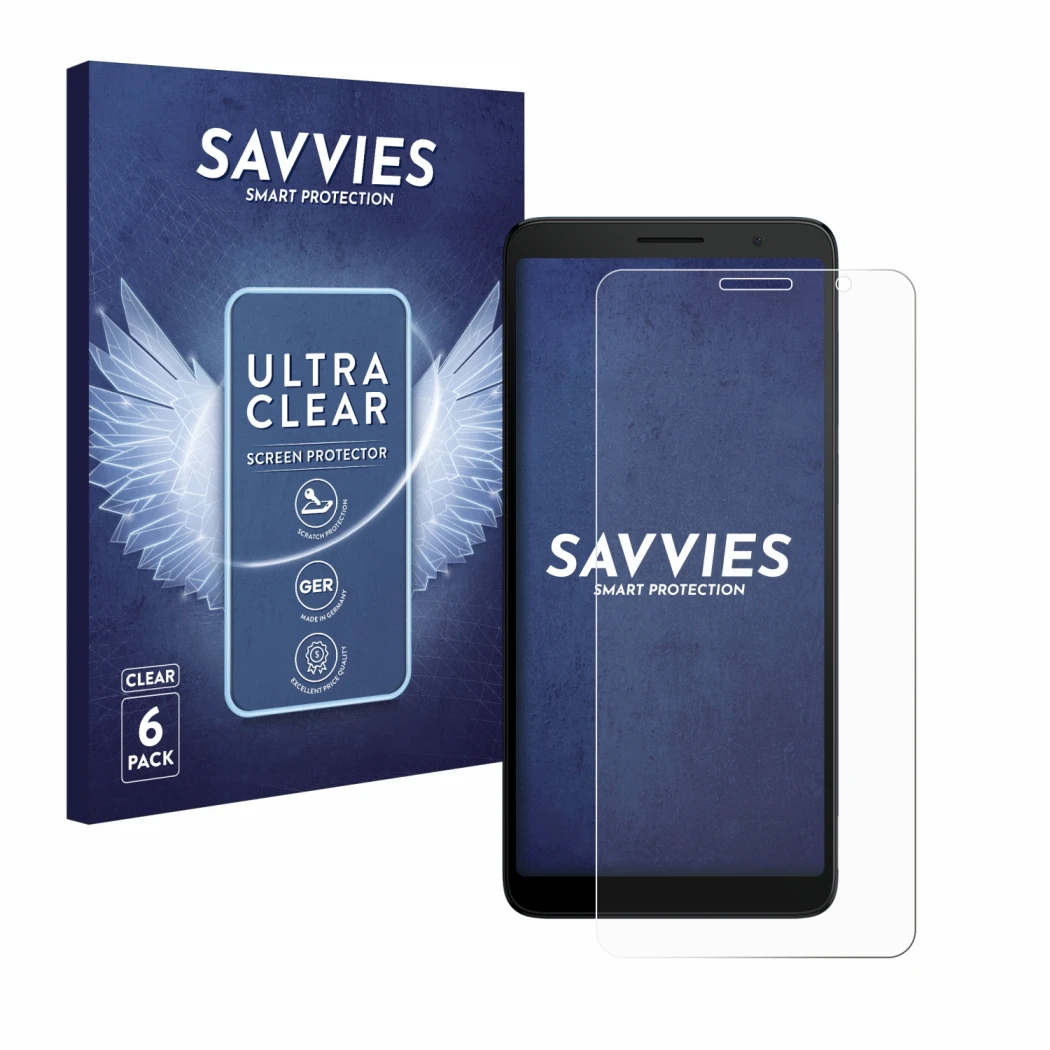 Front side of a product packaging with the brand logo Savvies. Next to it is the device TCL 501 shown with the corresponding s