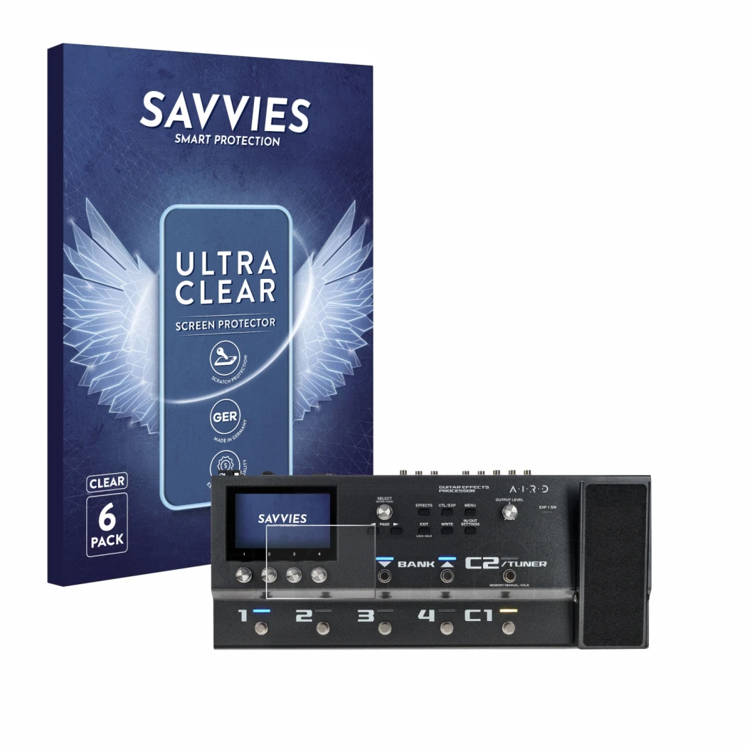 Front side of a product packaging with the brand logo Savvies. Next to it is the device Boss GX-100 shown with the correspondi