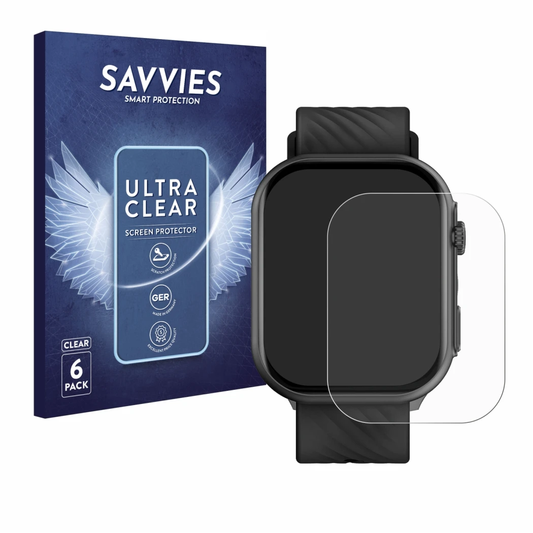 Front side of a product packaging with the brand logo Savvies. Next to it is the device Yuede Smartwatch 2