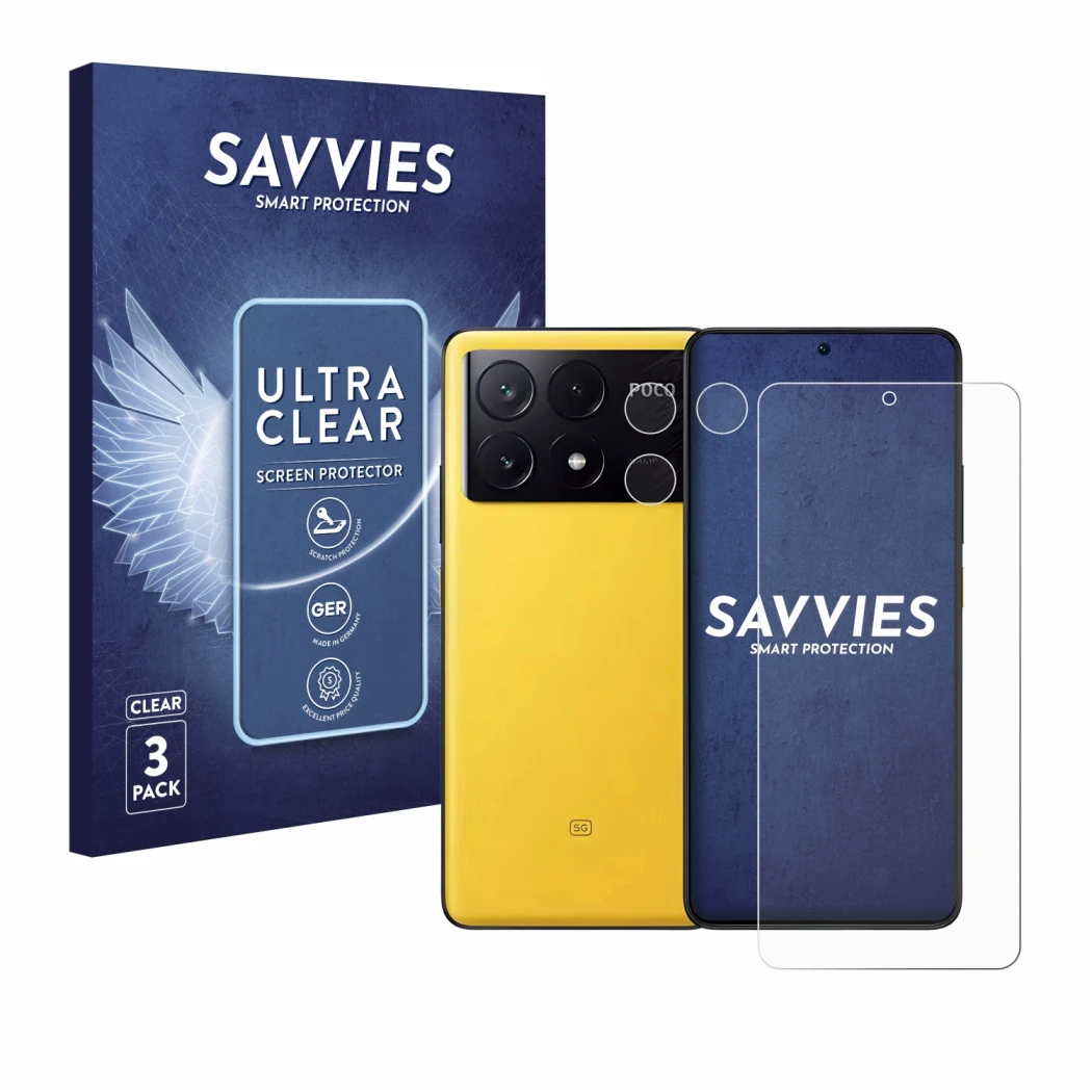 Front side of a product packaging with the brand logo Savvies. Next to it is the device Xiaomi Poco X6 Pro (Front+Camera) show