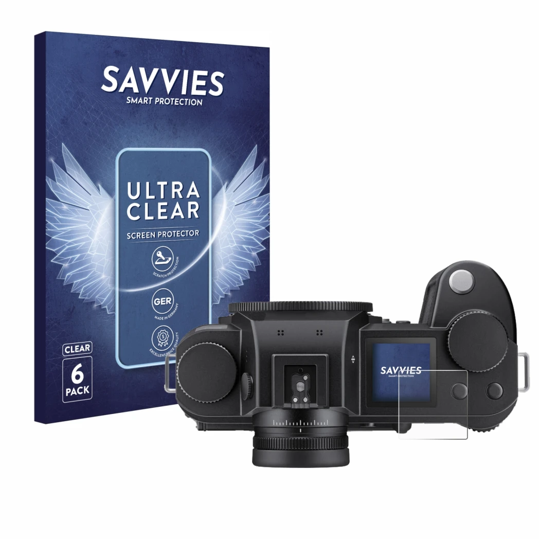 Front side of a product packaging with the brand logo Savvies. Next to it is the device Leica SL3 (top plate display) shown wi