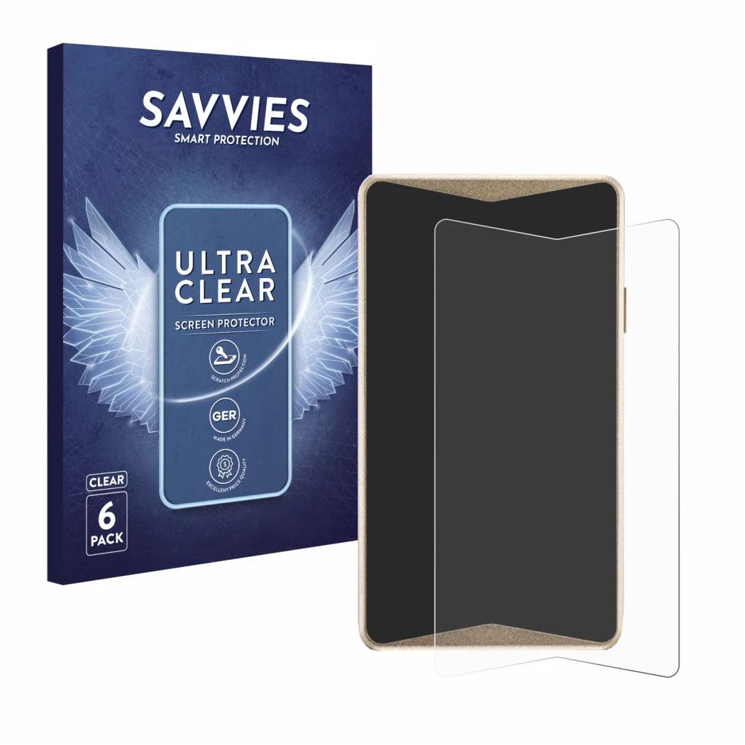 Front side of a product packaging with the brand logo Savvies. Next to it is the device ELLIPAL Titan 2.0 Cold Wallet shown wi