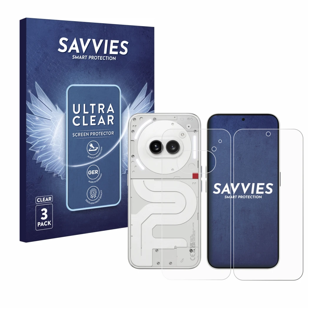 Front side of a product packaging with the brand logo Savvies. Next to it is the device Nothing Phone (2a) (Front+Back) shown 