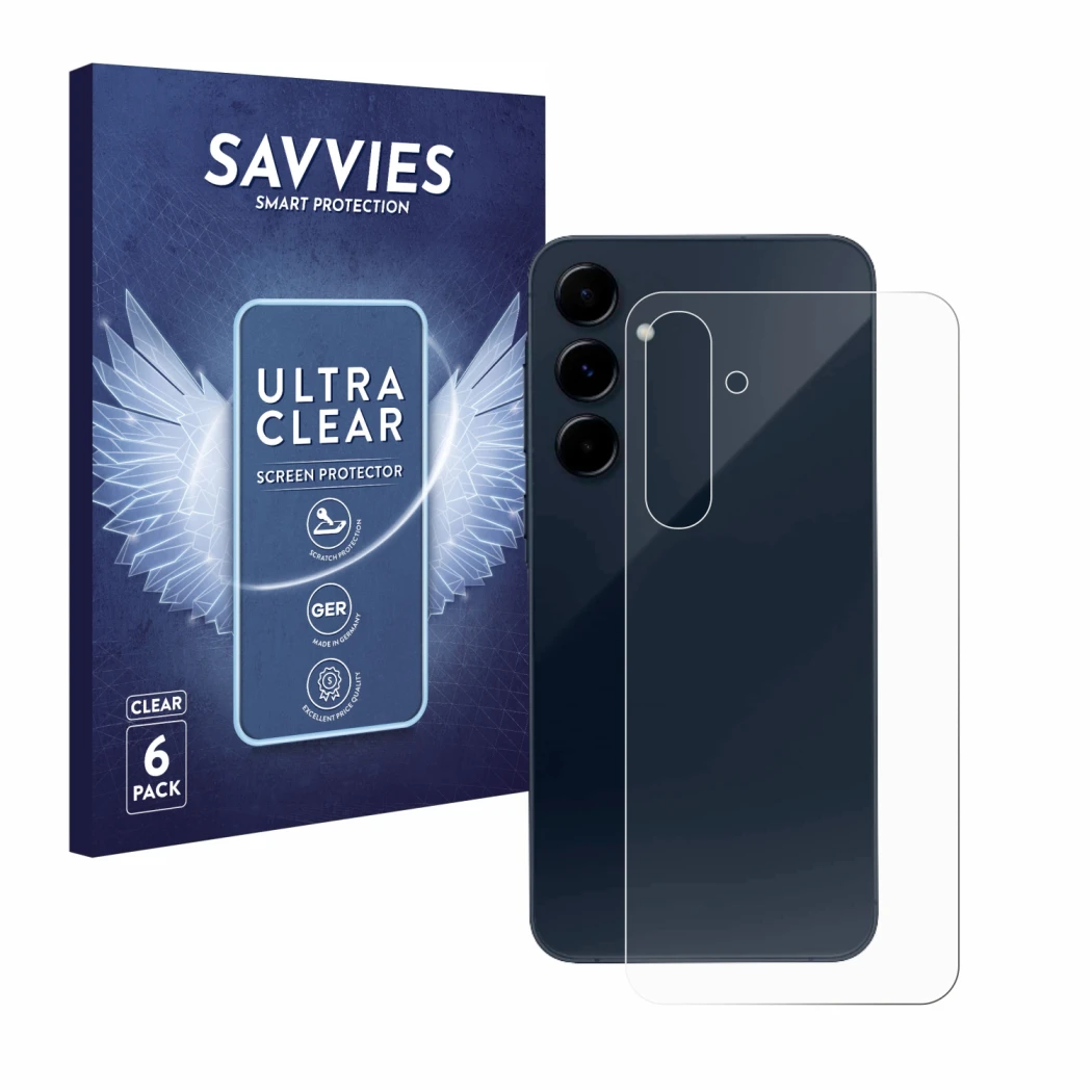 Front side of a product packaging with the brand logo Savvies. Next to it is the device Samsung Galaxy A35 5G (Back) shown wit