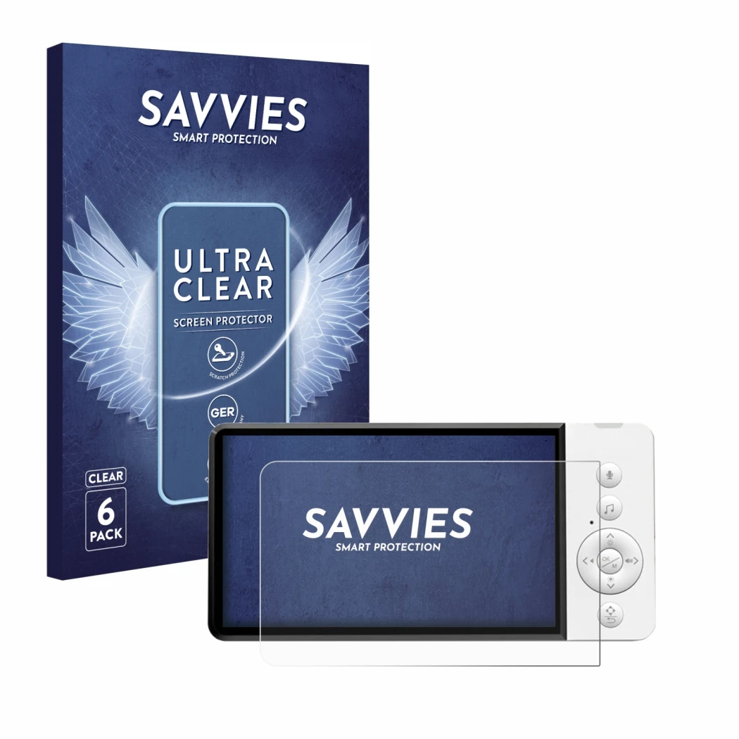Front side of a product packaging with the brand logo Savvies. Next to it is the device GHB ABM720 shown with the correspondin
