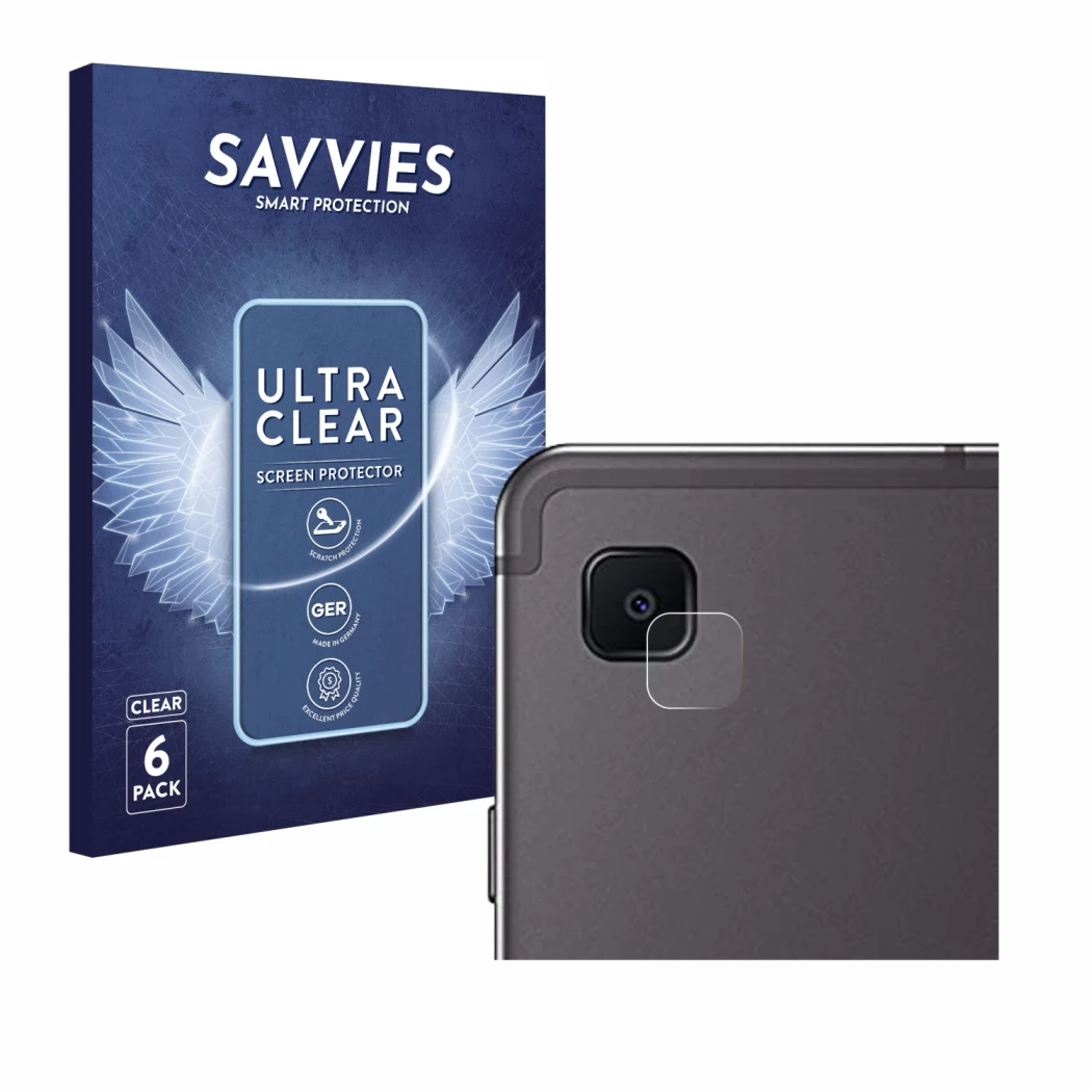 Front side of a product packaging with the brand logo Savvies. Next to it is the device Samsung Galaxy Tab S6 Lite WiFi 2024 (