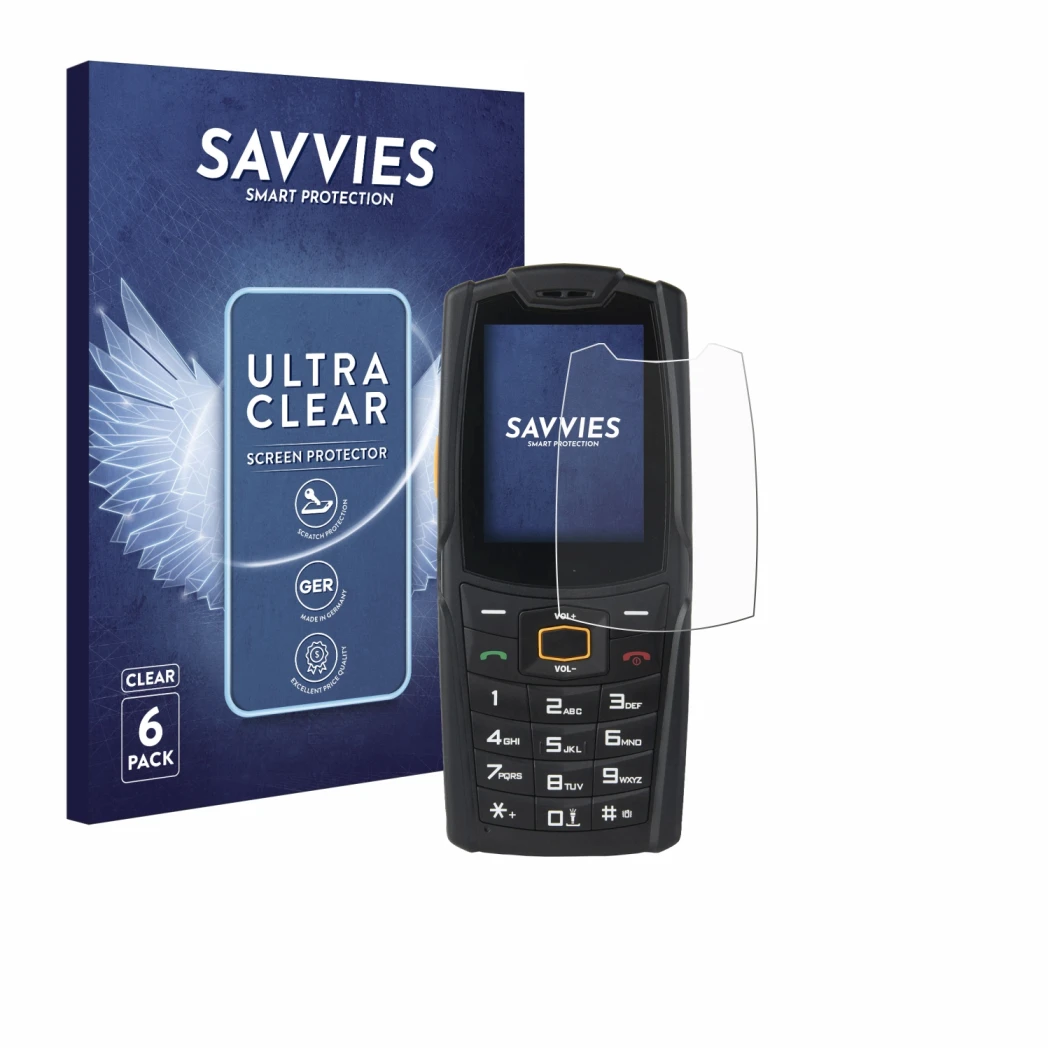 Front side of a product packaging with the brand logo Savvies. Next to it is the device AGM M6 shown with the corresponding sc