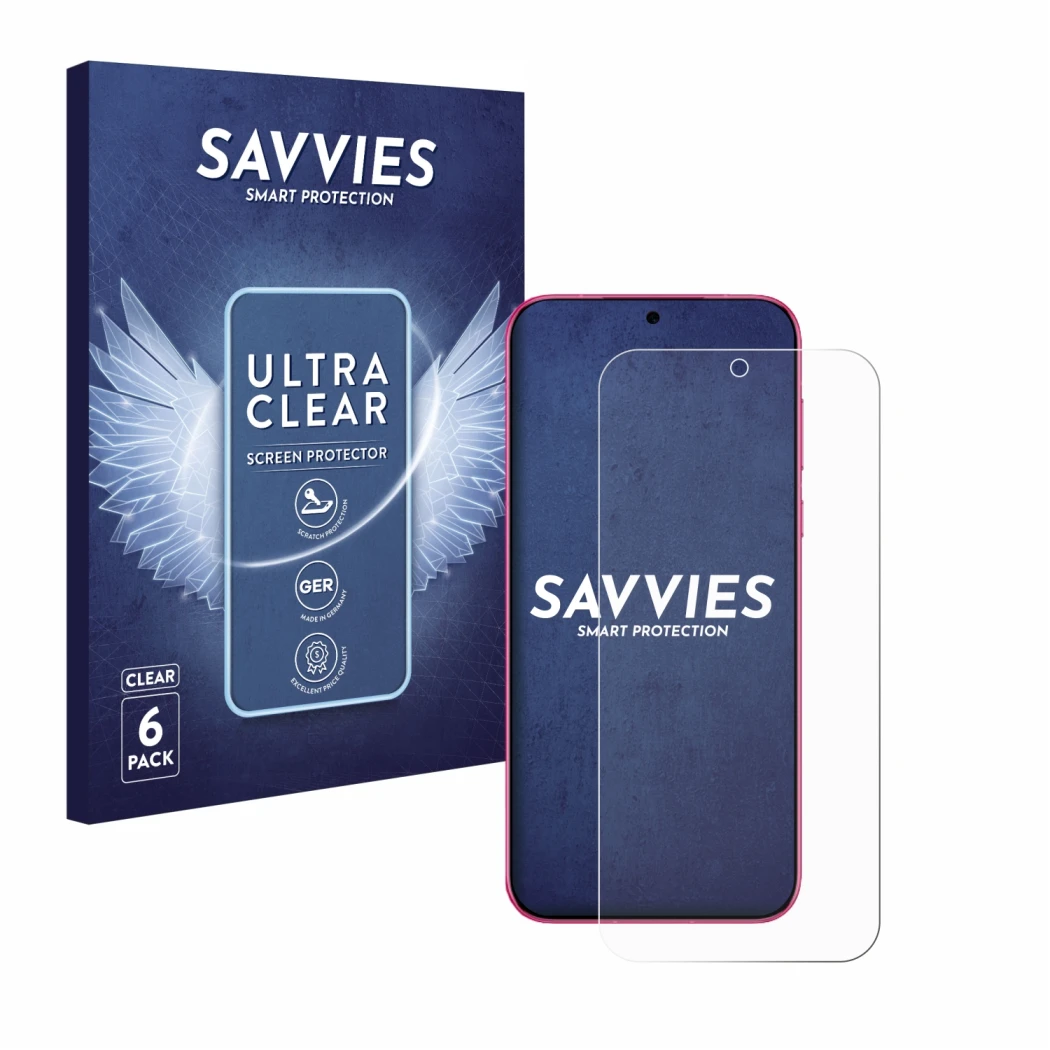 Front side of a product packaging with the brand logo Savvies. Next to it is the device Huawei Pura 70 shown with the correspo