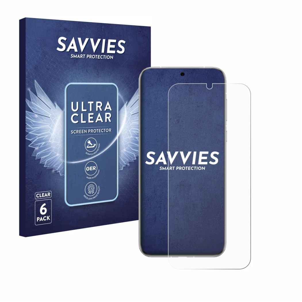 Front side of a product packaging with the brand logo Savvies. Next to it is the device Huawei Pura 70 Ultra shown with the co