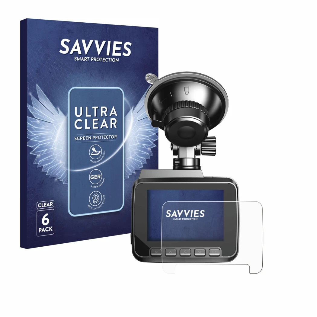 Front side of a product packaging with the brand logo Savvies. Next to it is the device Azdome IT-G63D shown with the correspo