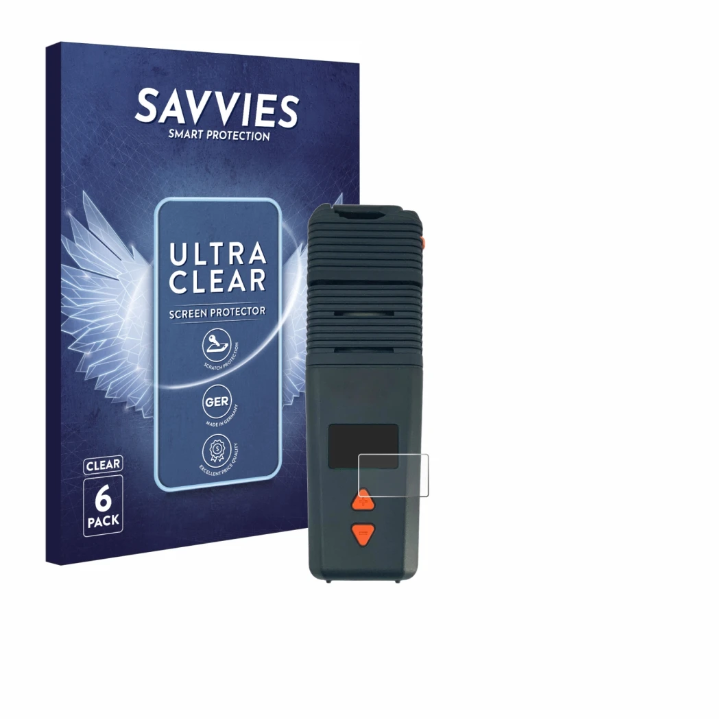 Front side of a product packaging with the brand logo Savvies. Next to it is the device Storz & Bickel Venty Vaporizer shown w