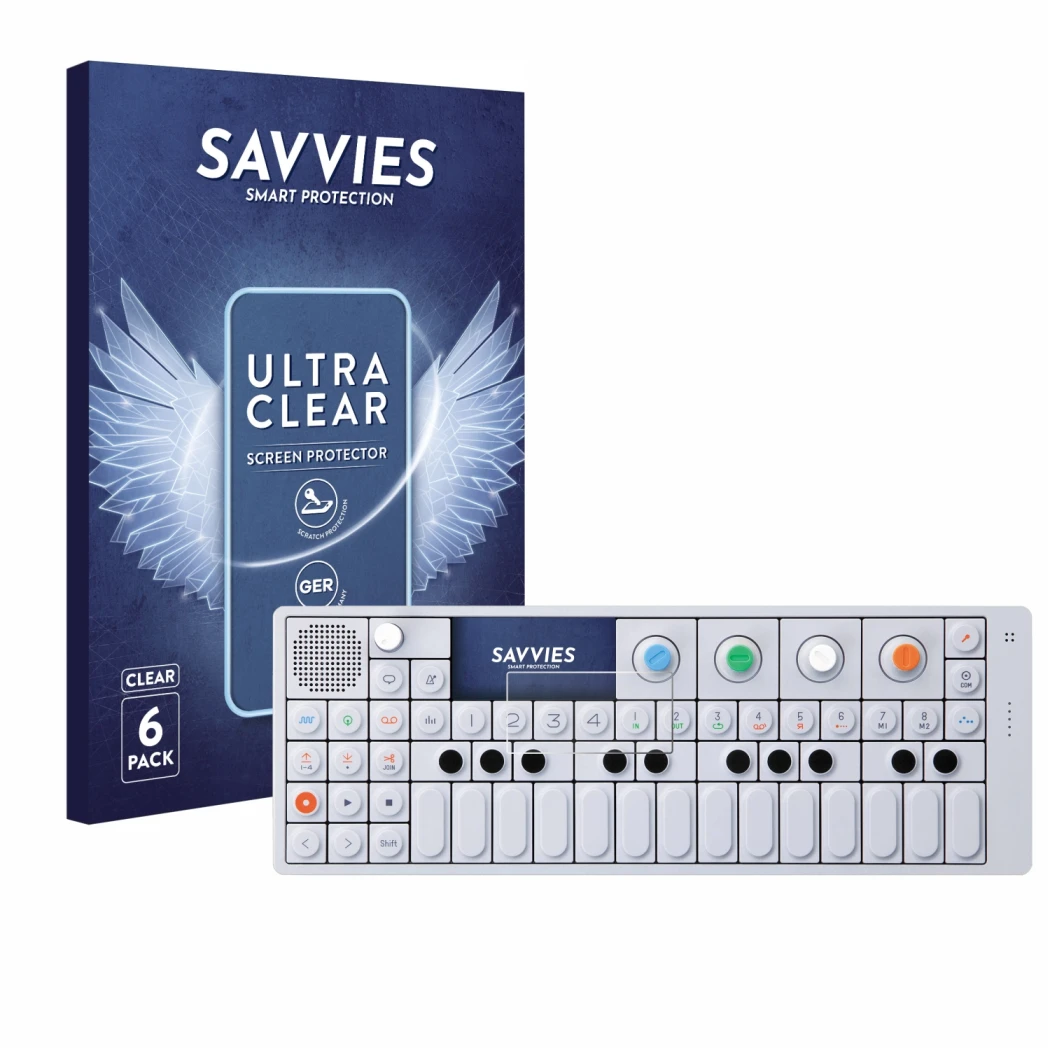 Front side of a product packaging with the brand logo Savvies. Next to it is the device Teenage Engineering OP-1 Sampler & Con