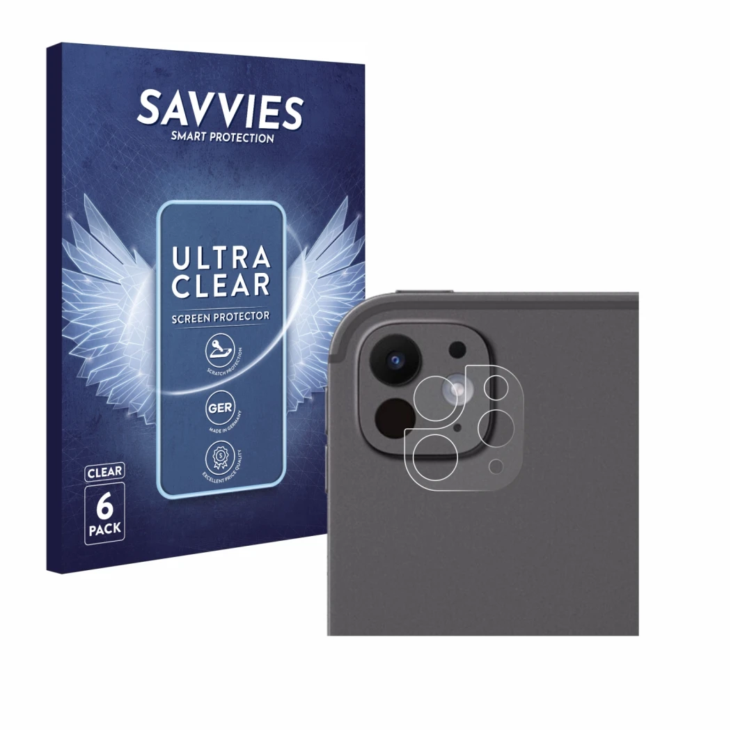 Front side of a product packaging with the brand logo Savvies. Next to it is the device Apple iPad Pro 13