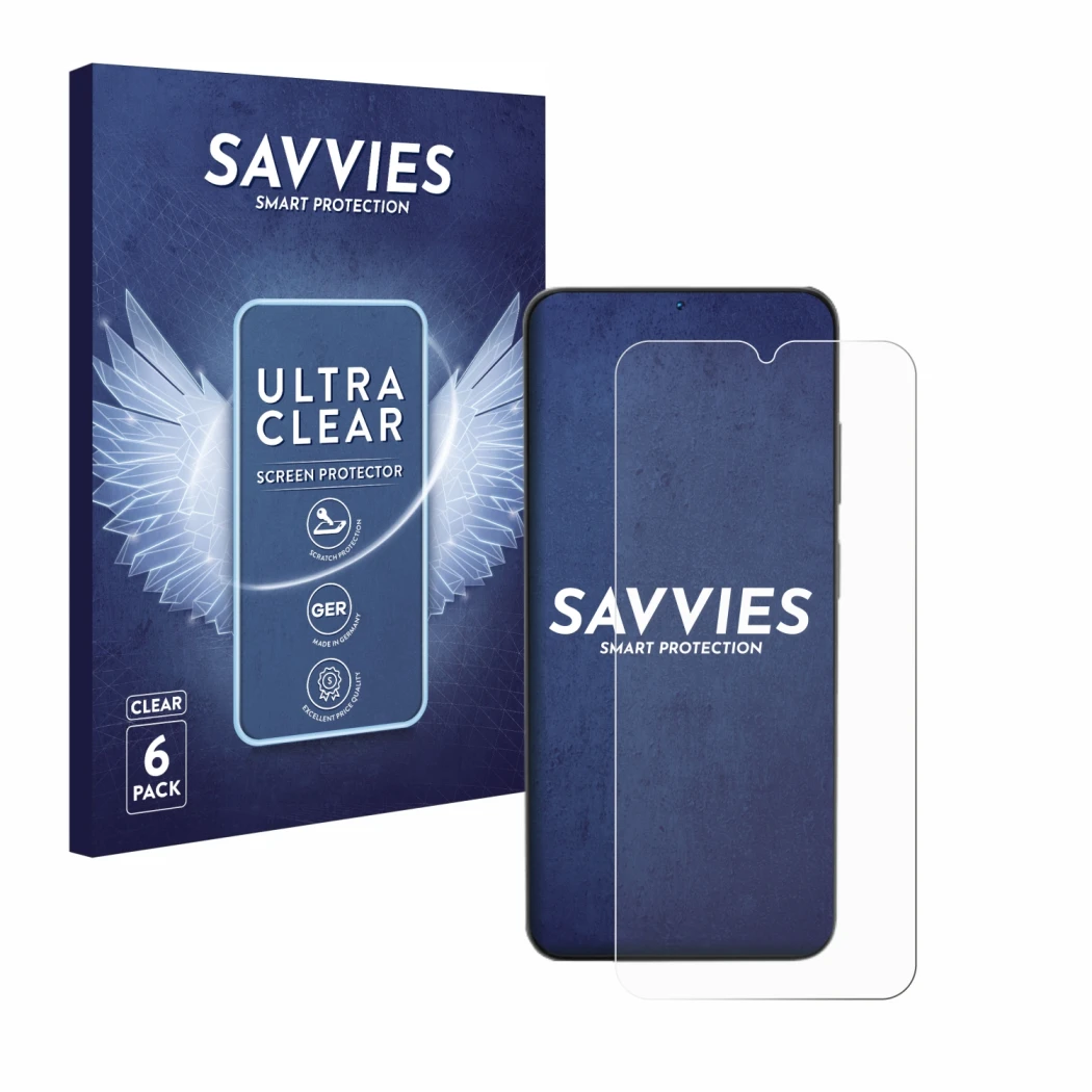 Front side of a product packaging with the brand logo Savvies. Next to it is the device Doogee N55 shown with the correspondin